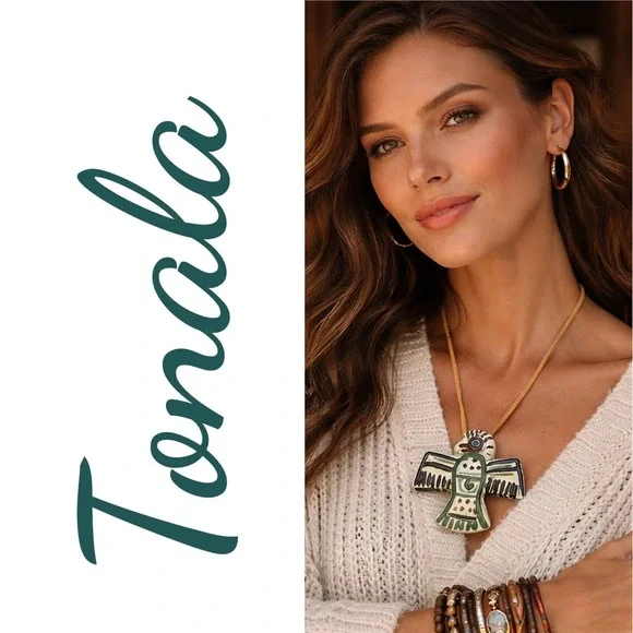 Vintage Signed Tonala Mexico Ceramic Thunderbird Pendant Necklace Folk Art - Picture 2 of 8